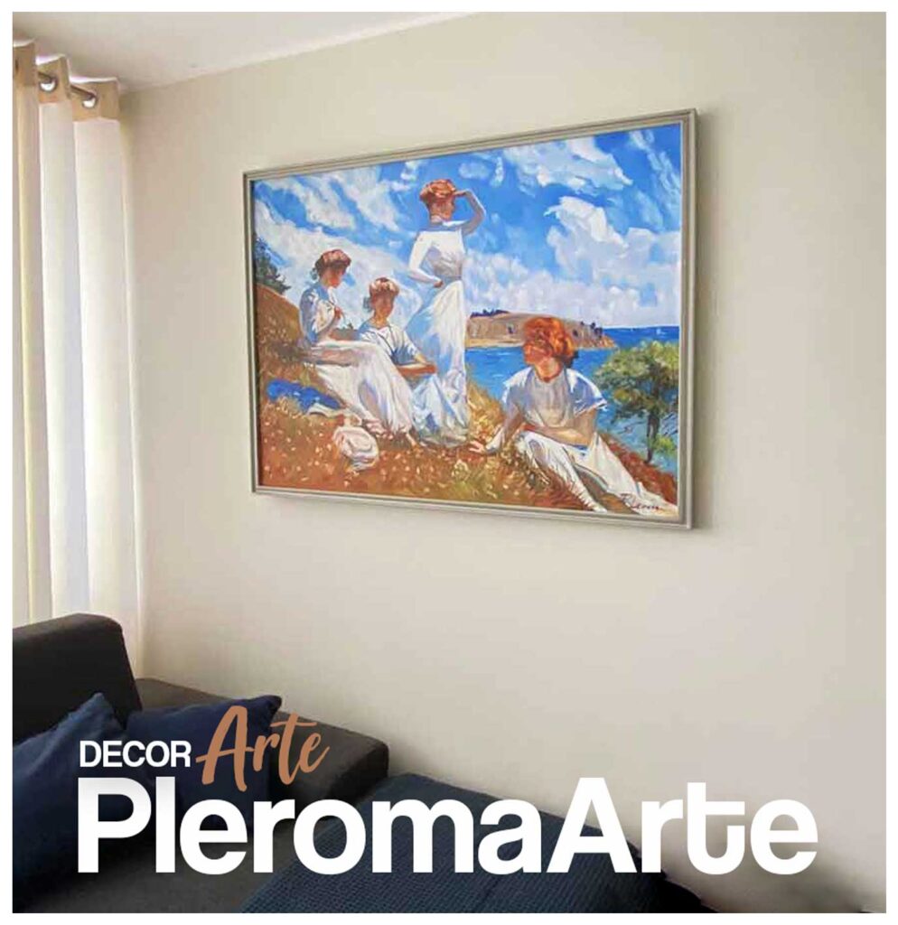 Apreciamos el diseño de cuadros clásicos podemos observar un cuadro de Weston donde se ven mujeres en la playa, se ve el logo de la galería de arte decorarte de pleroma arte