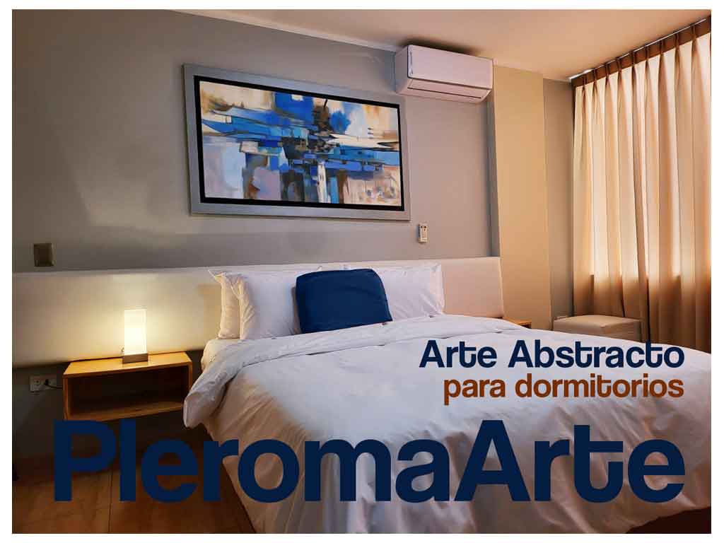 Vemos cuadros para dormitorios abstractos con marco plateado y se ve el logo de la galería de arte decorarte de pleroma arte