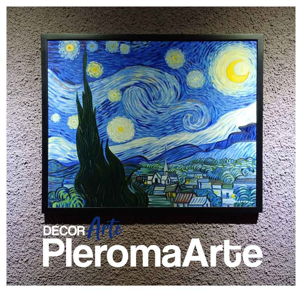 Vemos una de las pinturas de Van Gogh llamada la noche estrellada, se aprecia el logo de la galería de arte decorarte de pleroma arte