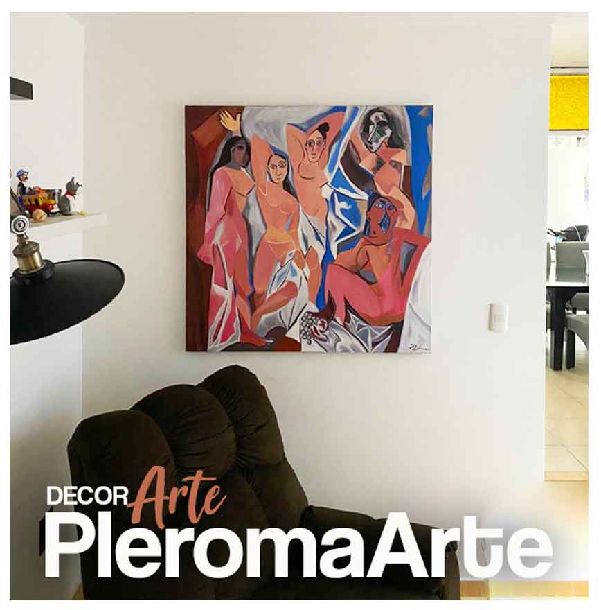 Observamos un diseño de cuadros del gran artista pablo Picasso en donde hay mujeres bailando se aprecia el logo de la galería de arte decorarte de pleroma arte