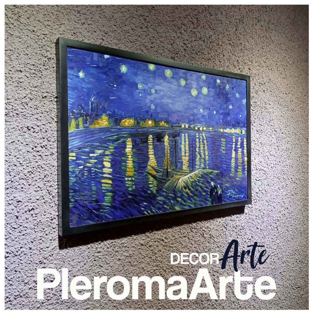 Apreciamos una de las pinturas de van gogh  llamada noche estrellada sobre el rodano, se puede apreciar el logo de la galería de arte decorarte de pleroma arte