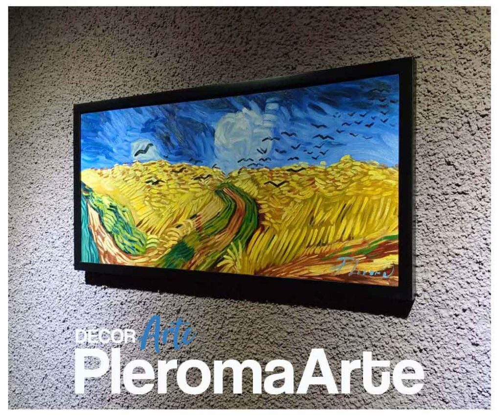 Observamos una de las hermosas pinturas de Van Ghog llamada trigal con cuervos y se ve el logo de la galería de arte decorarte de pleroma arte