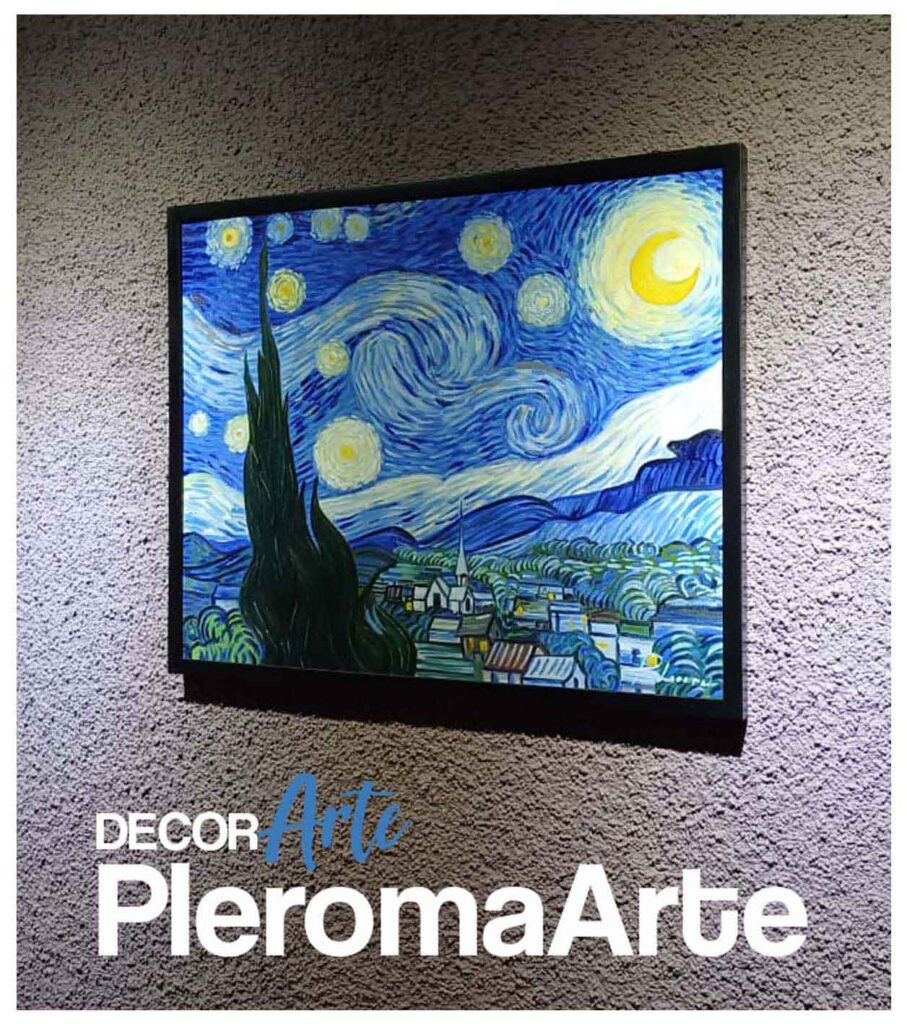 Observamos un diseño de cuadros de van gogh la pintura se llama la noche estrellada se aprecia el logo de la galería de arte decorarte de Pleroma Arte