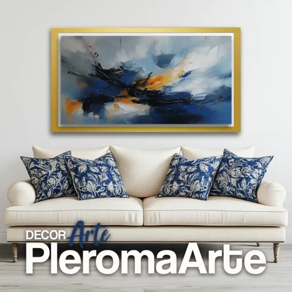 Cuadros abstractos para sala "Destello Azul" con marco champagne, aportando un toque de sutileza y equilibrio. Galería de Arte Pleroma Arte.