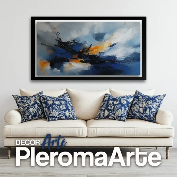 Cuadros abstractos para sala "Destello Azul" con marco negro, resaltando la intensidad de los contrastes. Galería de Arte Pleroma Arte.