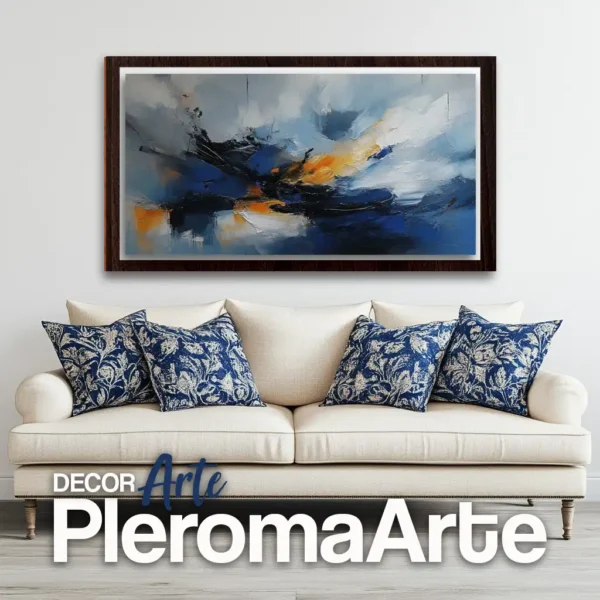 Cuadros abstractos para sala "Destello Azul" con marco nogal, resaltando su calidez y elegancia. Galería de Arte Pleroma Arte.