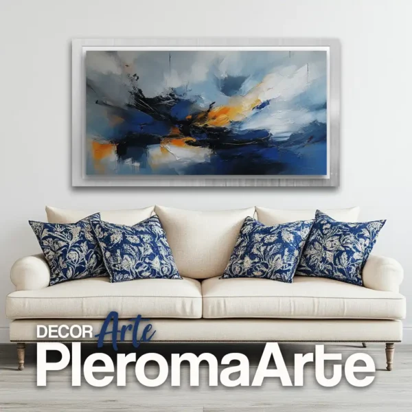 Cuadros abstractos para sala "Destello Azul" con marco plateado, resaltando su estilo vanguardista. Galería de Arte Pleroma Arte.