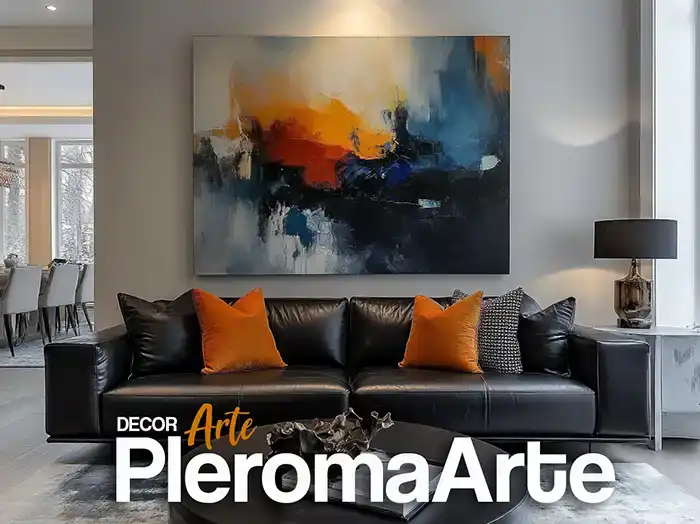 Observamos los cuadros abstractos para sala que la galería de arte pleroma arte ha creado para un ambiente, donde hay una perfecta armonía de color entre los cuadros abstractos y la sala