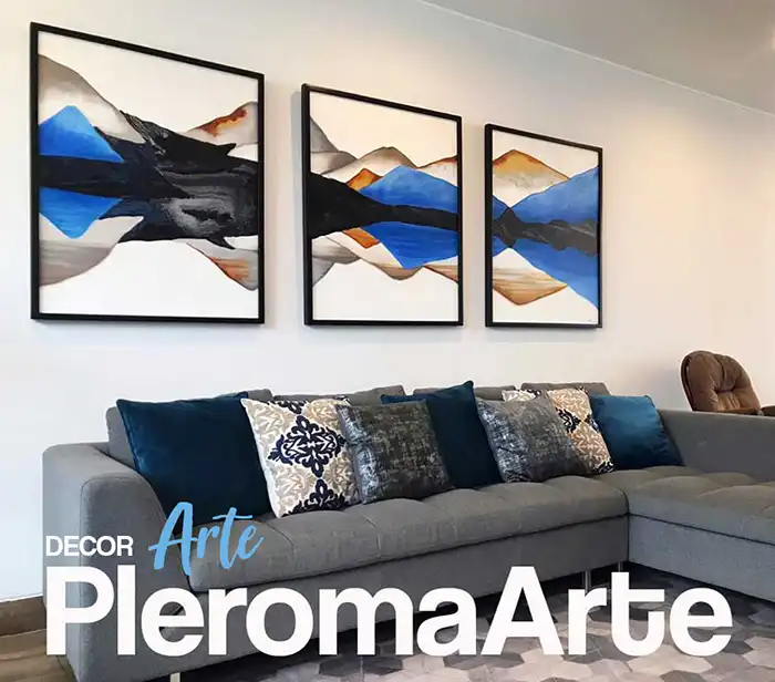 Vemos cuadros de paisajes para sala en tonos azules, la galería de arte Pleroma Arte realiza la venta de cuadros para sala