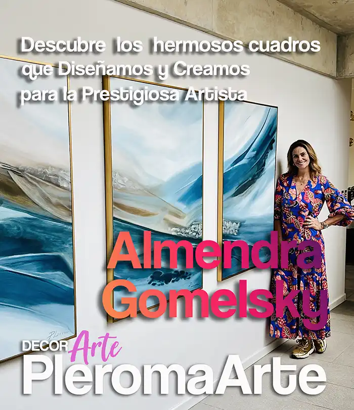 Vemos los cuadros bonitos de Almendra Gomelsky prestigiosa presentadora de televisión internacional que posa junto a los cuadros decorativos trípticos que creamos para sus ambientes