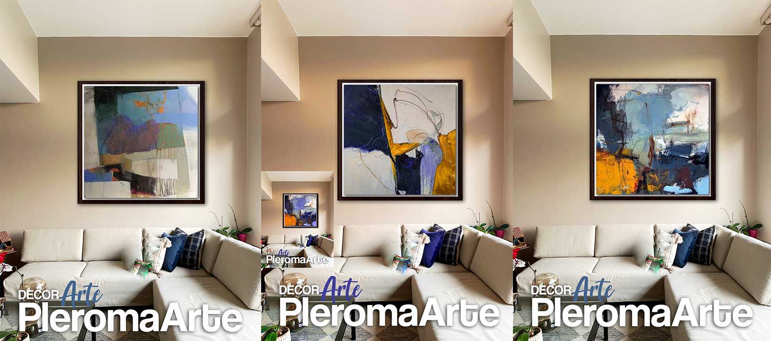 Observamos una selección de cuadros grandes para sala en distintos tonos y patrones. En la galería de arte decorarte de pleroma arte se realiza el diseño de cuadros decorativos grandes