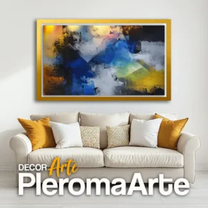 Pintura abstracta "Destellos" con marco dorado, resaltando su elegancia y luminosidad. Galería de Arte Pleroma Arte.