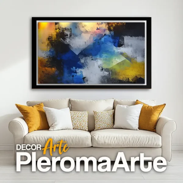 Pintura abstracta "Destellos" con marco negro, intensificando los contrastes y la profundidad. Galería de Arte Pleroma Arte.