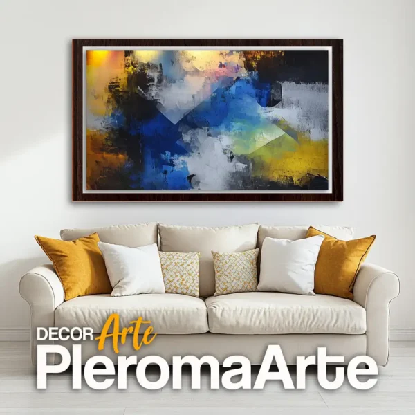 Pintura abstracta "Destellos" con marco nogal, resaltando su profundidad y sofisticación. Galería de Arte Pleroma Arte.