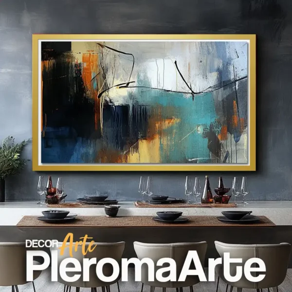 Galería de Arte Pleroma Arte - Cuadros para comedor "Sinfonía Azul" con marco champagne, transmitiendo suavidad y equilibrio.