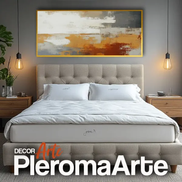 Galería de Arte Pleroma Arte - Cuadros para dormitorio "Calma Solar" con marco dorado, resaltando su elegancia y calidez.