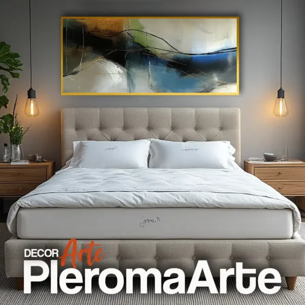 Galería de Arte Pleroma Arte - Cuadros para dormitorios "Fluir en Calma" con marco dorado, resaltando su elegancia y calidez.