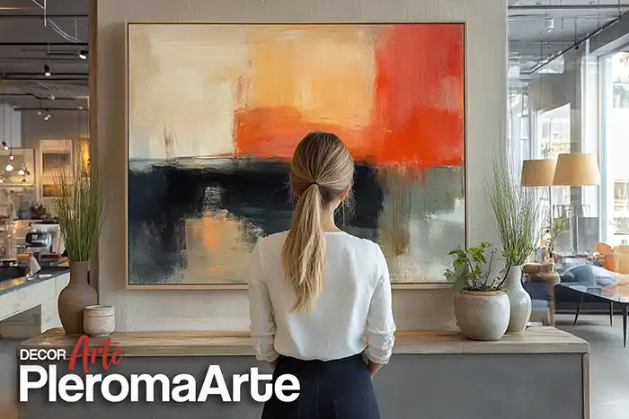 Podemos observar a una de nuestras clientes contemplando los cuadros para empresas que nuestra galería de arte pleroma arte ha creado para su empresa