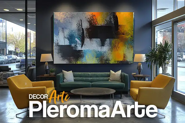 Podemos apreciar los cuadros para oficinas en tonos amarillos y azules que la galería de arte pleroma arte ha creado para una empresa