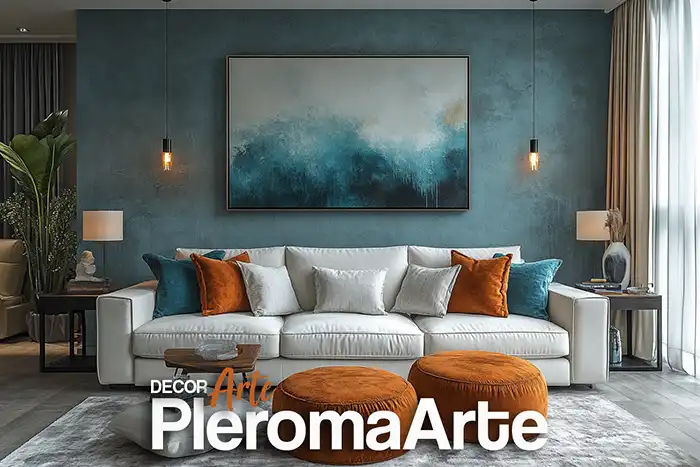 Pintura abstracción en tonos azules que combinan perfectamente con todo el ambiente, pinturas abstractas creadas por la galería de Arte pleroma Arte