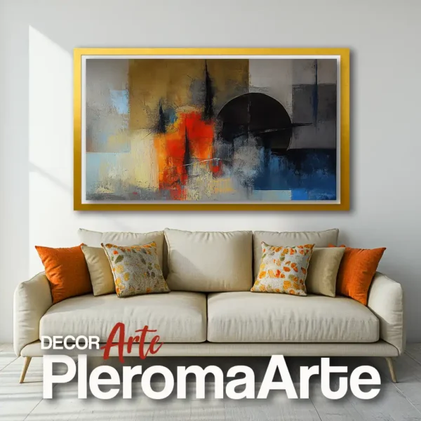 Pinturas al óleo "Atracción Solar" con marco dorado, resaltando su calidez y elegancia. Galería de Arte Pleroma Arte.
