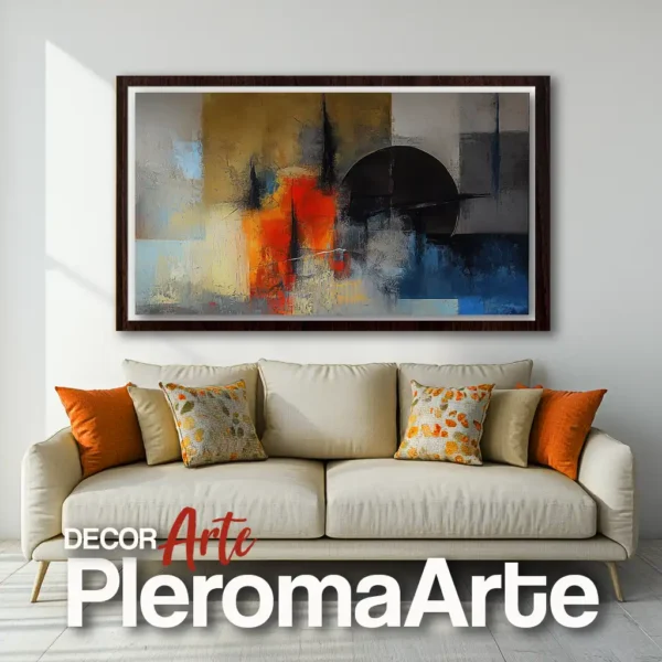 Pinturas al óleo "Atracción Solar" con marco nogal, resaltando su profundidad. Galería de Arte Pleroma Arte.