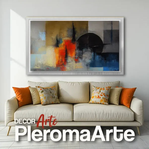 Pinturas al óleo "Atracción Solar" con marco plateado, resaltando su estilo contemporáneo. Galería de Arte Pleroma Arte.