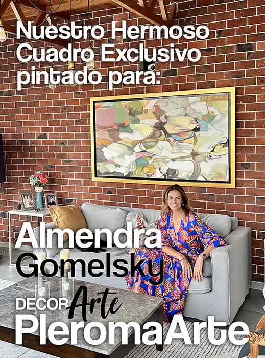Podemos apreciar a la prestigiosa artista internacional Almendra Gomelsky posando junto al cuadro personalizado exclusivo que pleroma arte ha pintado para sus ambientes