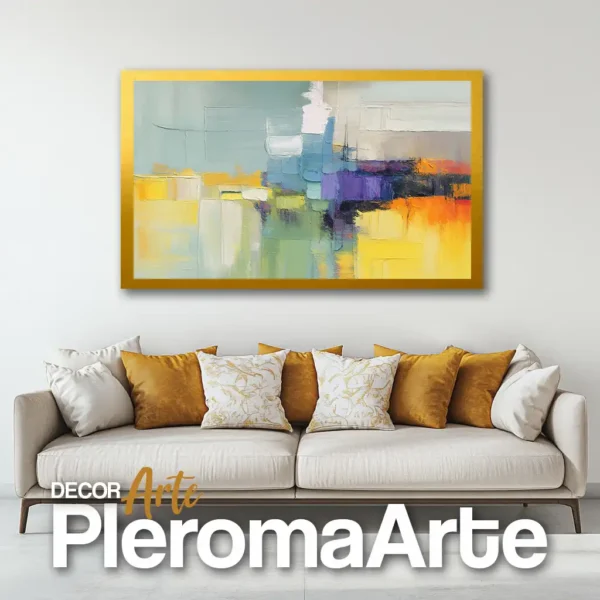 Galería de Arte Pleroma Arte – Cuadro Geometric Abstract con marco dorado, lujo y energía cromática.