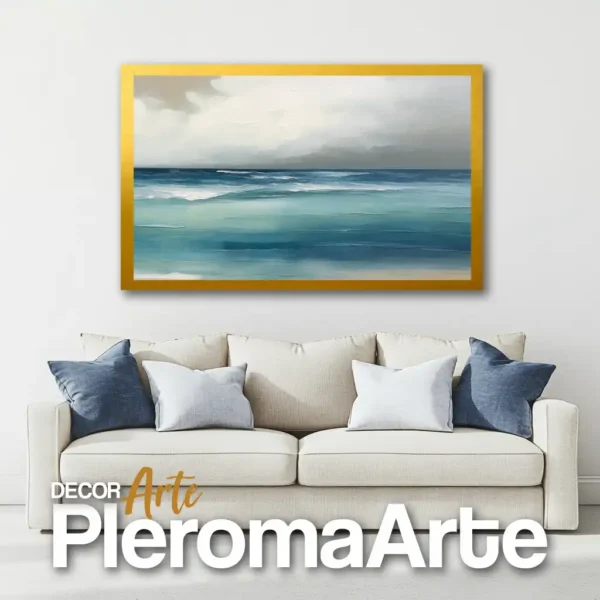 Galería de Arte Pleroma Arte – Cuadro Mar en calma con marco dorado, lujo y serenidad.