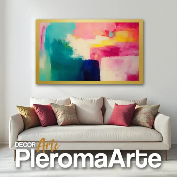 Galería de Arte Pleroma Arte – Cuadro Paisaje Rosa con marco champagne, suave y equilibrado.