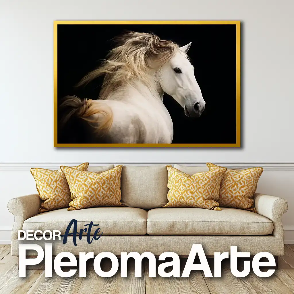 Venta de pinturas de caballos Guardián de Luz con marco dorado, resaltando elegancia y brillo.