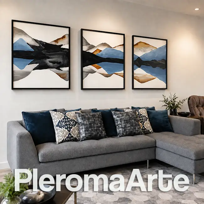 Vemos cuadros de paisajes para sala en tonos azules, la galería de arte Pleroma Arte realiza la venta de cuadros para sala
