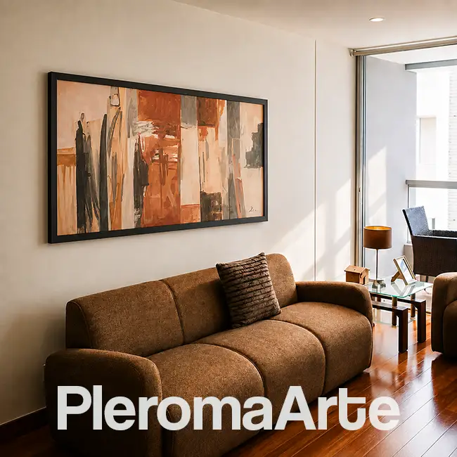 Vemos un hermoso cuadro para sala abstracto en la sala de uno de los clientes de la galería de Arte Pleroma Arte