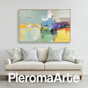 Horizonte Luminoso - Cuadro Moderno Contemporáneo en verde agua, celeste, amarillo, violeta y naranja