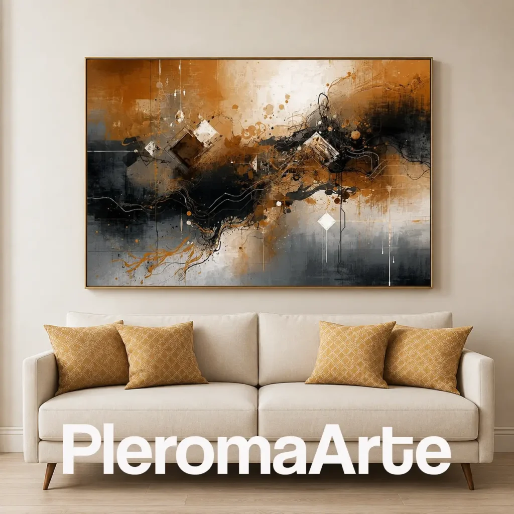 Convergencia Áurea - Cuadro Moderno Contemporáneo en negro, ocre, camel, beige, blanco y gris