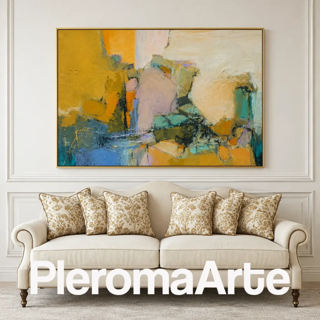 Horizonte Ámbar - Cuadro Decorativo Contemporáneo en amarillo mostaza, turquesa, azul y verde