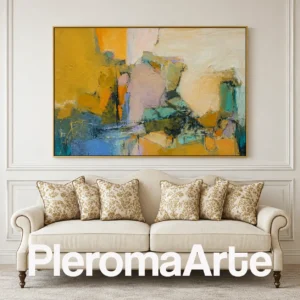 Horizonte Ámbar - Cuadro Decorativo Contemporáneo en amarillo mostaza, turquesa, azul y verde