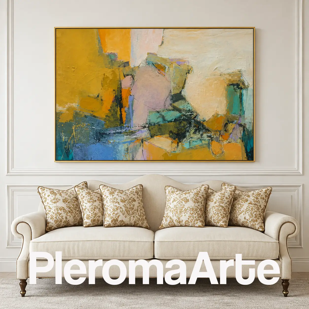 Horizonte Ámbar - Cuadro Decorativo Contemporáneo en amarillo mostaza, turquesa, azul y verde