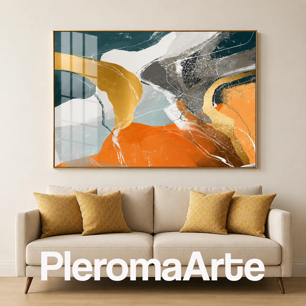 Confluencia Solar - Cuadro Moderno Contemporáneo en naranja, dorado, verde petróleo, blanco y gris