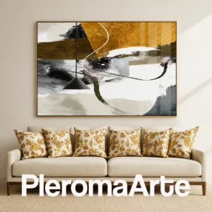 Trayectoria Áurea - Cuadro al Óleo Contemporáneo en ocre dorado, blanco, gris, marrón y negro