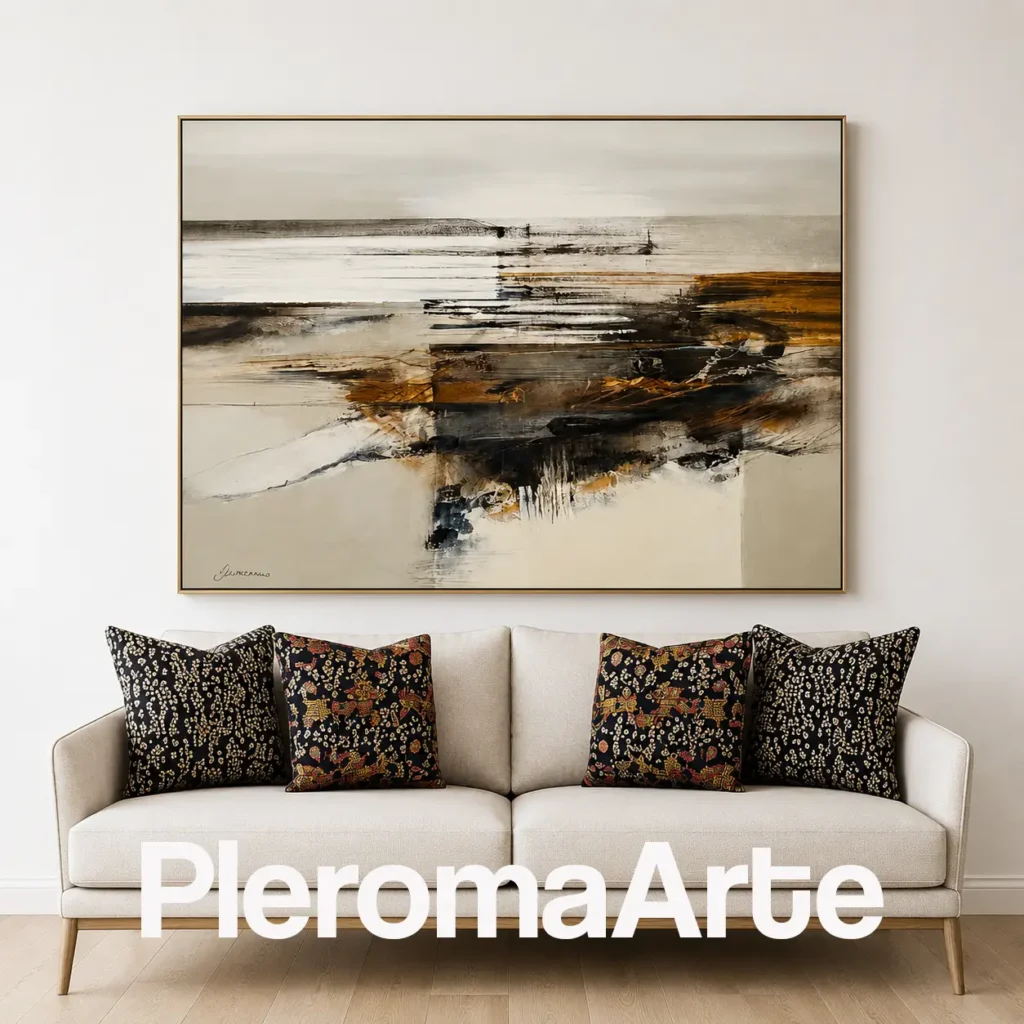 Serenidad Dorada - Cuadro para Sala Contemporáneo en marfil, gris, negro, ocre y dorado