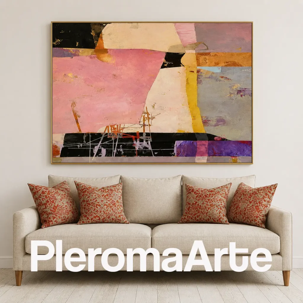 Cartografía Rosa - Cuadro Moderno Contemporáneo en rosa, marfil, amarillo, gris, violeta y negro