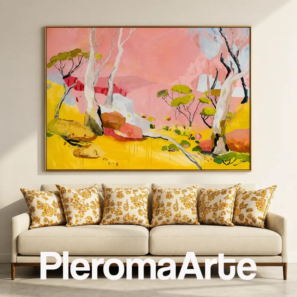 Valle Rosado - Cuadro Moderno Contemporáneo en rosa coral, amarillo dorado, verde oliva y terracota