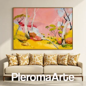 Valle Rosado - Cuadro Moderno Contemporáneo en rosa coral, amarillo dorado, verde oliva y terracota