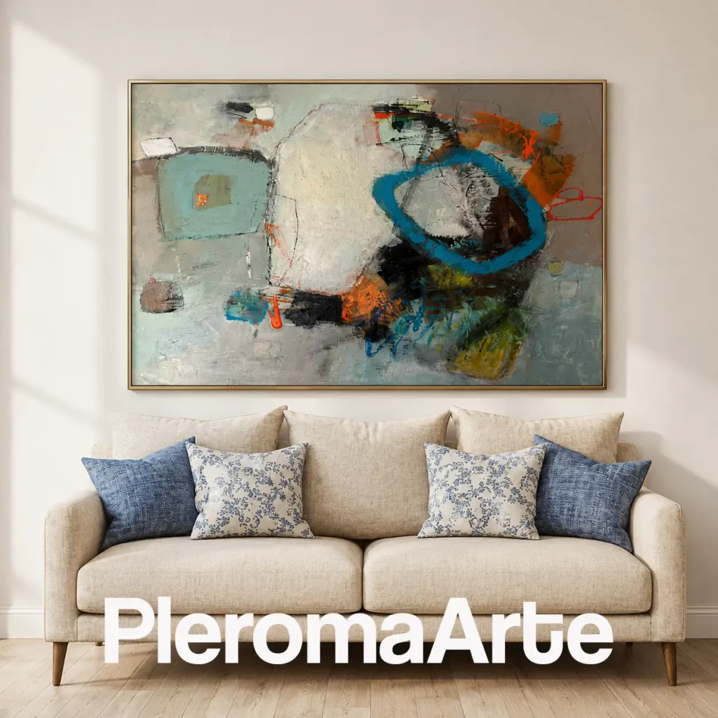 Órbita Interior - Cuadro Decorativo Contemporáneo en turquesa, gris, verde agua y naranja