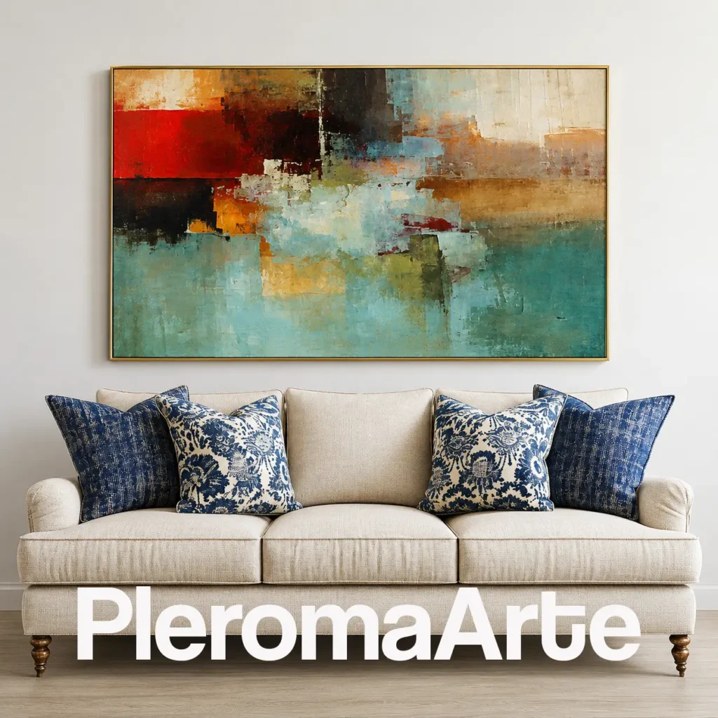 Confluencia Viva - Cuadro al Óleo Contemporáneo en turquesa, azul petróleo, rojo, ocre y negro
