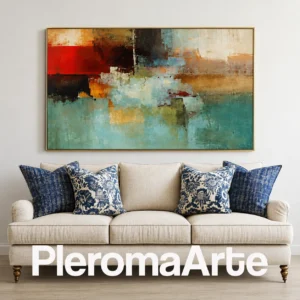 Confluencia Viva - Cuadro al Óleo Contemporáneo en turquesa, azul petróleo, rojo, ocre y negro