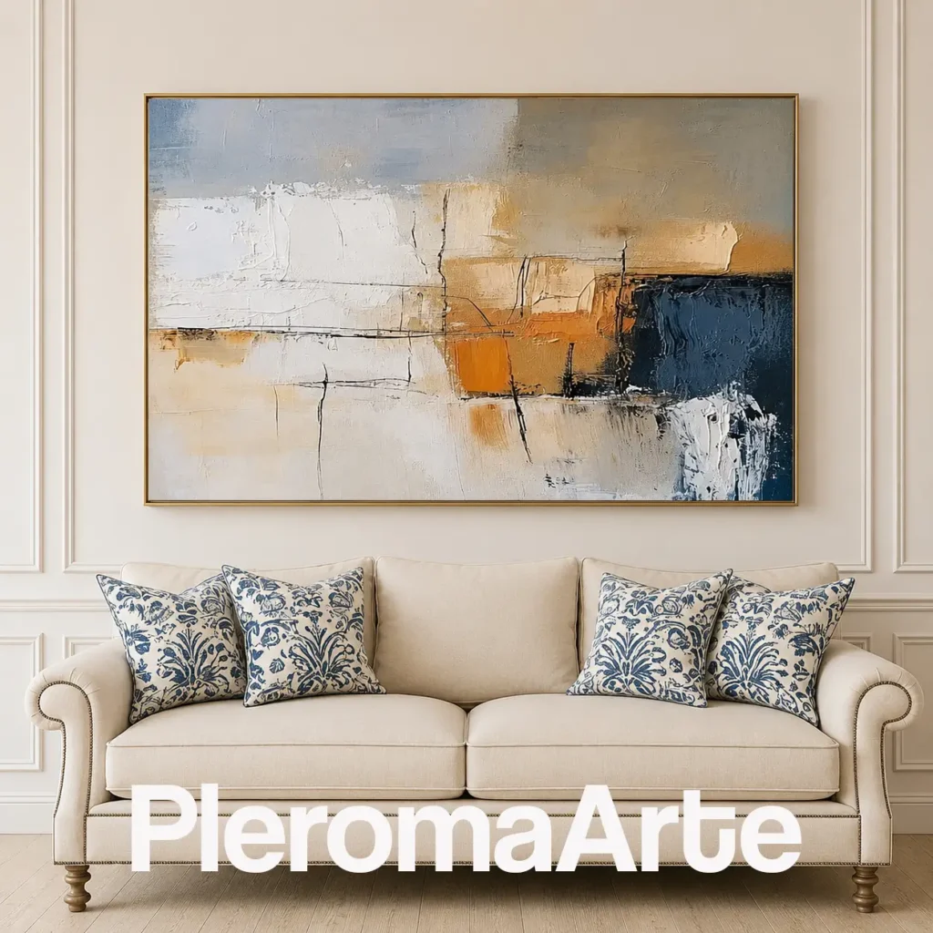 Horizonte de Nácar - Cuadro al Óleo Contemporáneo en marfil, beige, ocre, gris azulado y azul petróleo