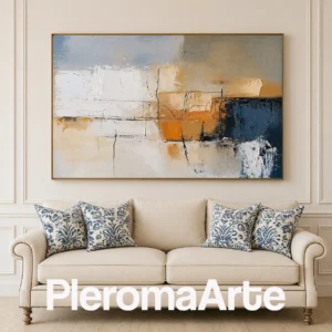 Horizonte de Nácar - Cuadro al Óleo Contemporáneo en marfil, beige, ocre, gris azulado y azul petróleo